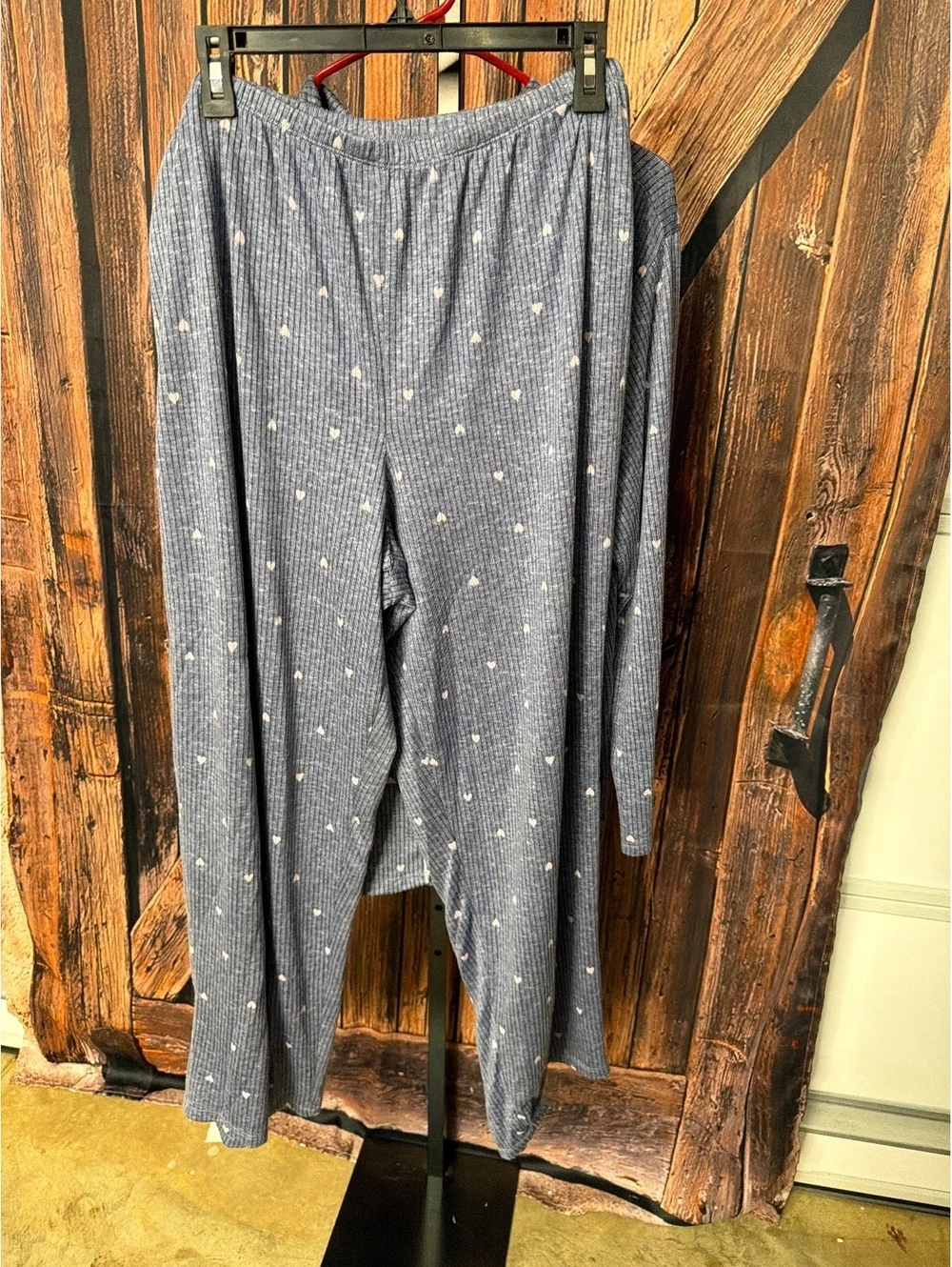 Laura Ashley Blue Ribbed Pajama Set with Pink Hearts, Size 1X